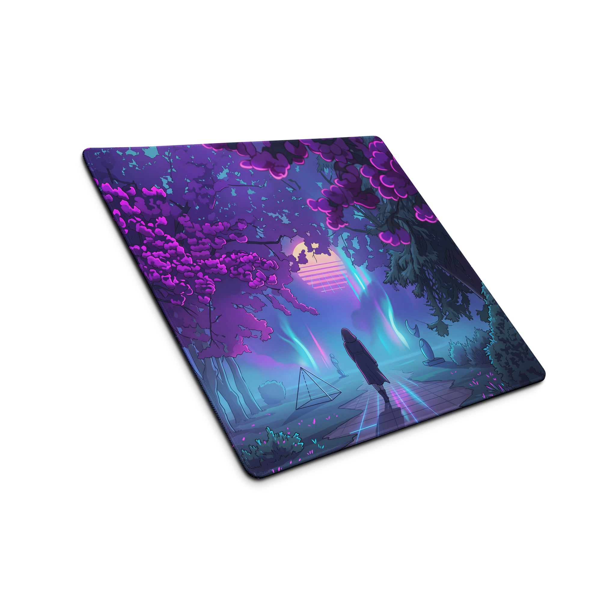 Purple and blue neon-lit forest-themed gaming mouse pad with silhouette walking under glowing trees vaporwave design