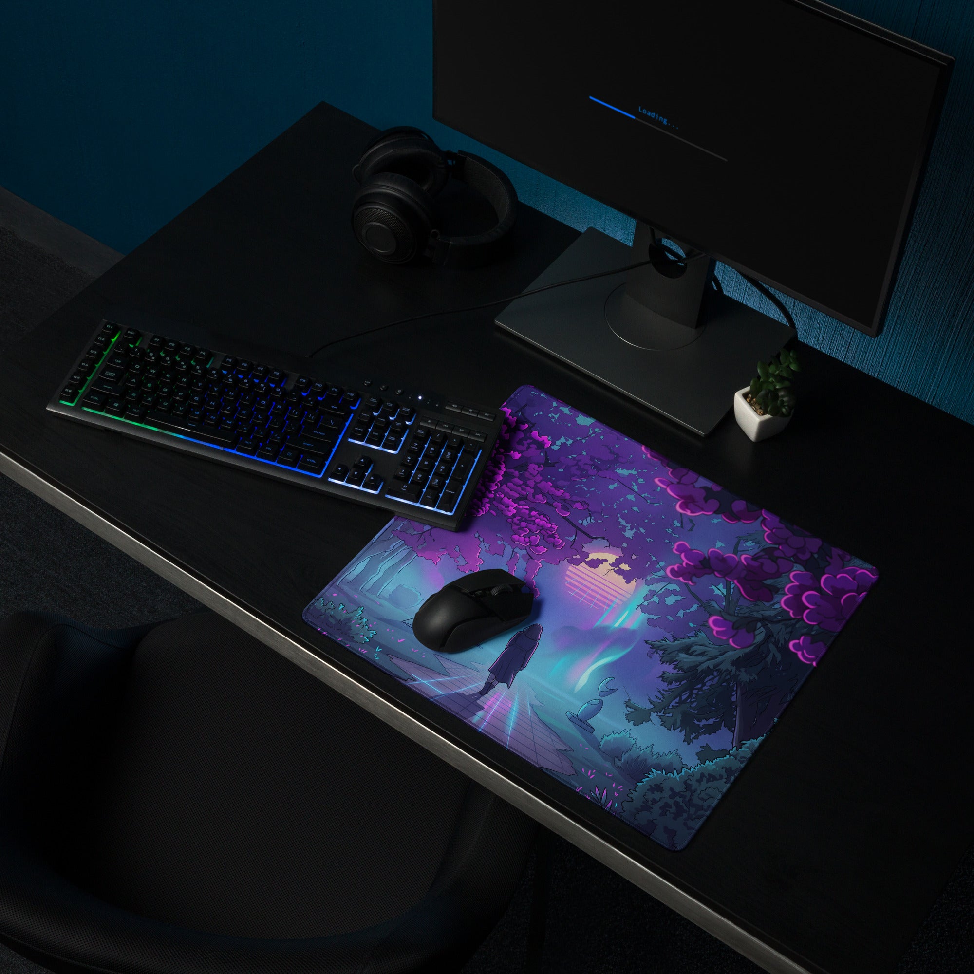 Purple and blue vaporwave neon garden gaming mousepad with glowing trees and silhouette digital art design