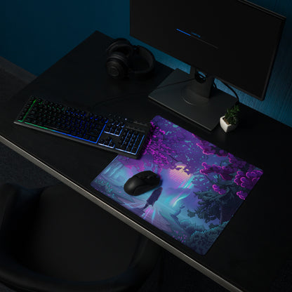 Purple and blue vaporwave neon garden gaming mousepad with glowing trees and silhouette digital art design