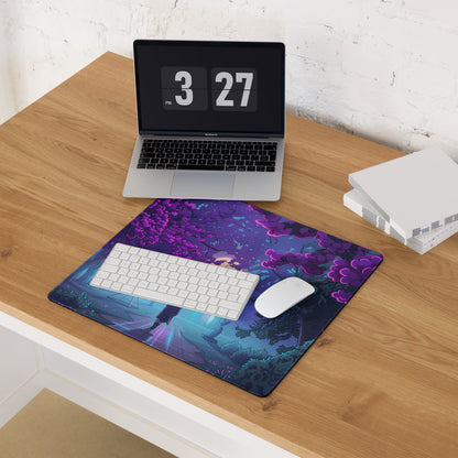 Vaporwave neon garden gaming mouse pad with purple and blue glowing trees illustration and soft rubberized surface