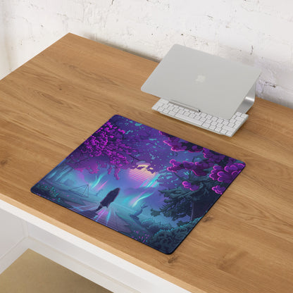 Vaporwave neon garden mouse pad with purple and teal surreal forest scene featuring glowing trees and silhouetted figures
