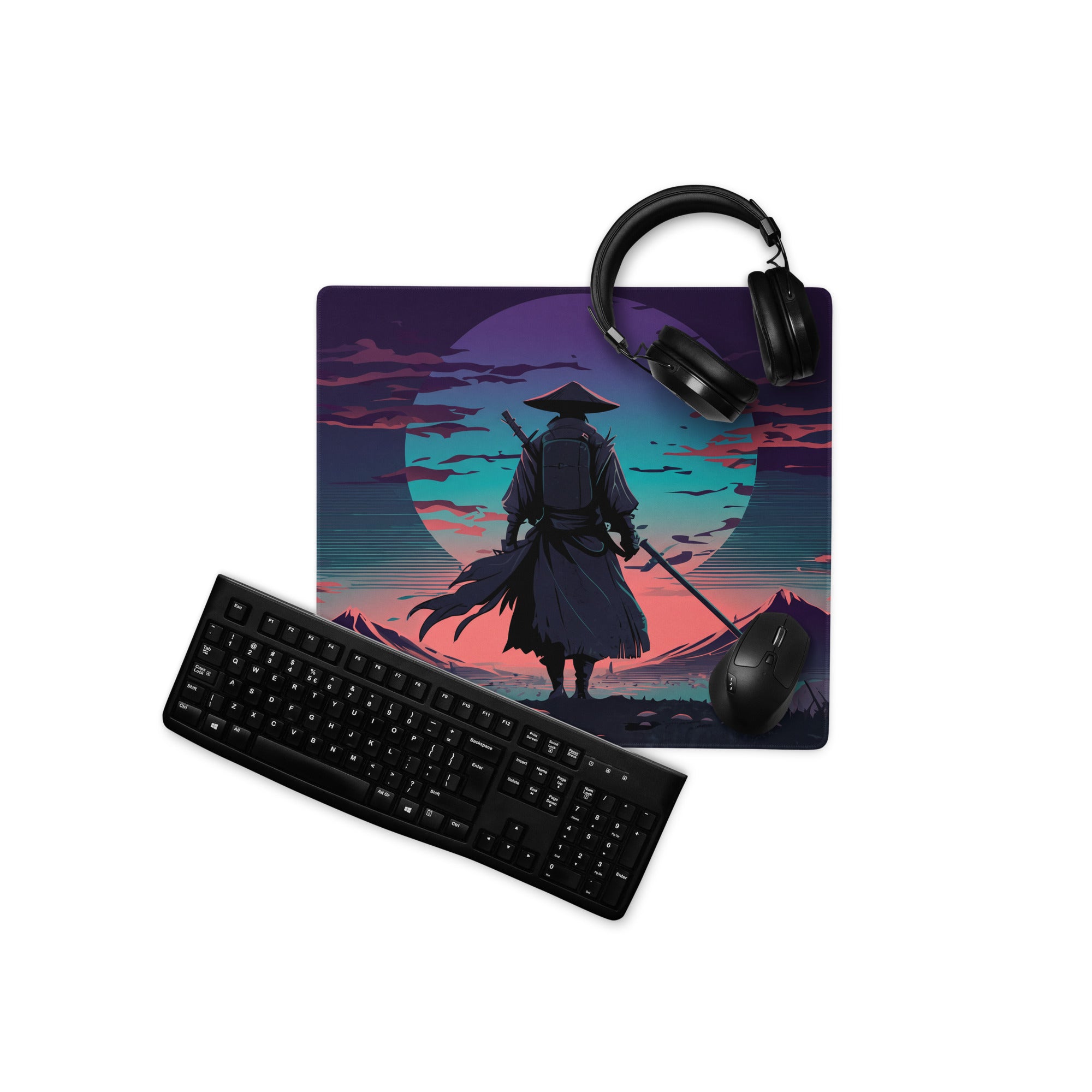 Rectangular gaming mousepad with vibrant purple and teal neon samurai silhouette against sunset vaporwave gradient