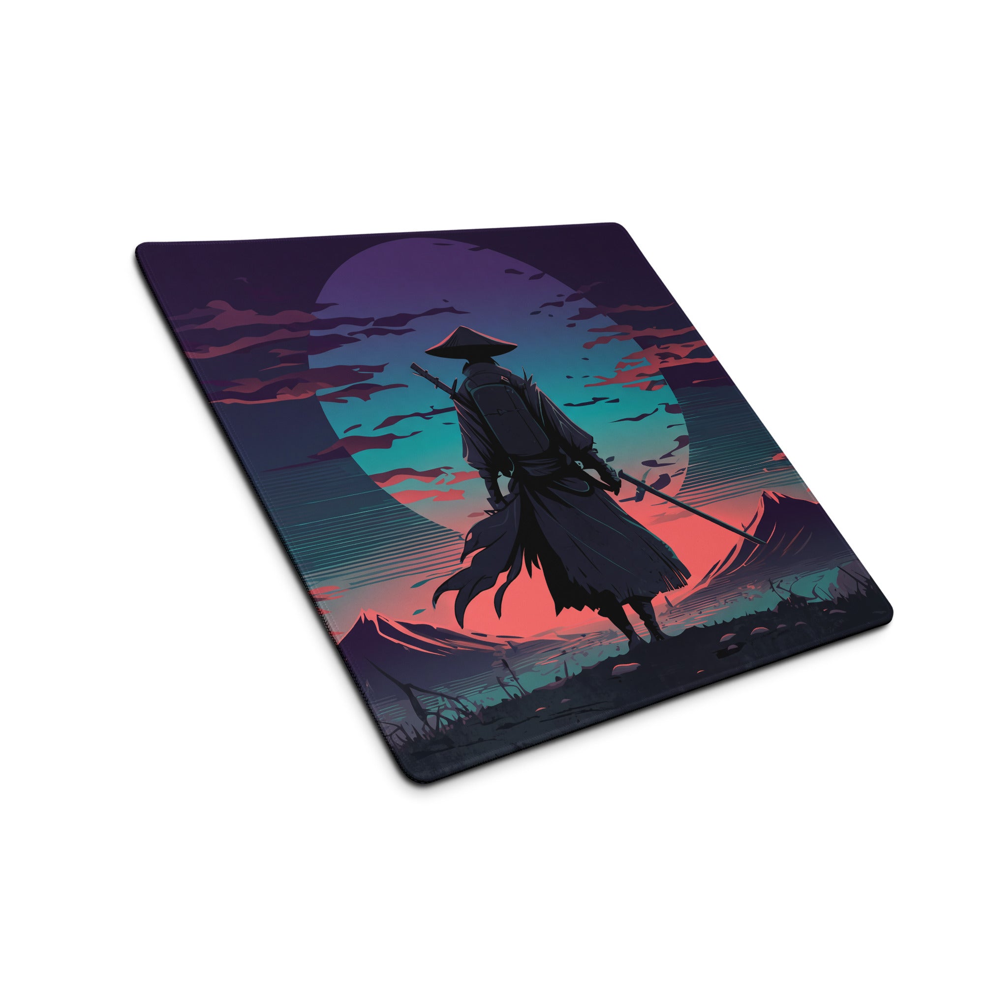 Rectangular gaming mousepad with stylized samurai silhouette against vibrant purple teal and orange sunset vaporwave design