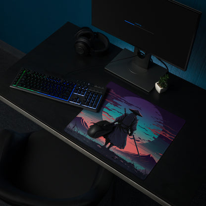 Neon samurai vaporwave gaming mousepad with stylized samurai and neon sunset in purple pink hues for desk use