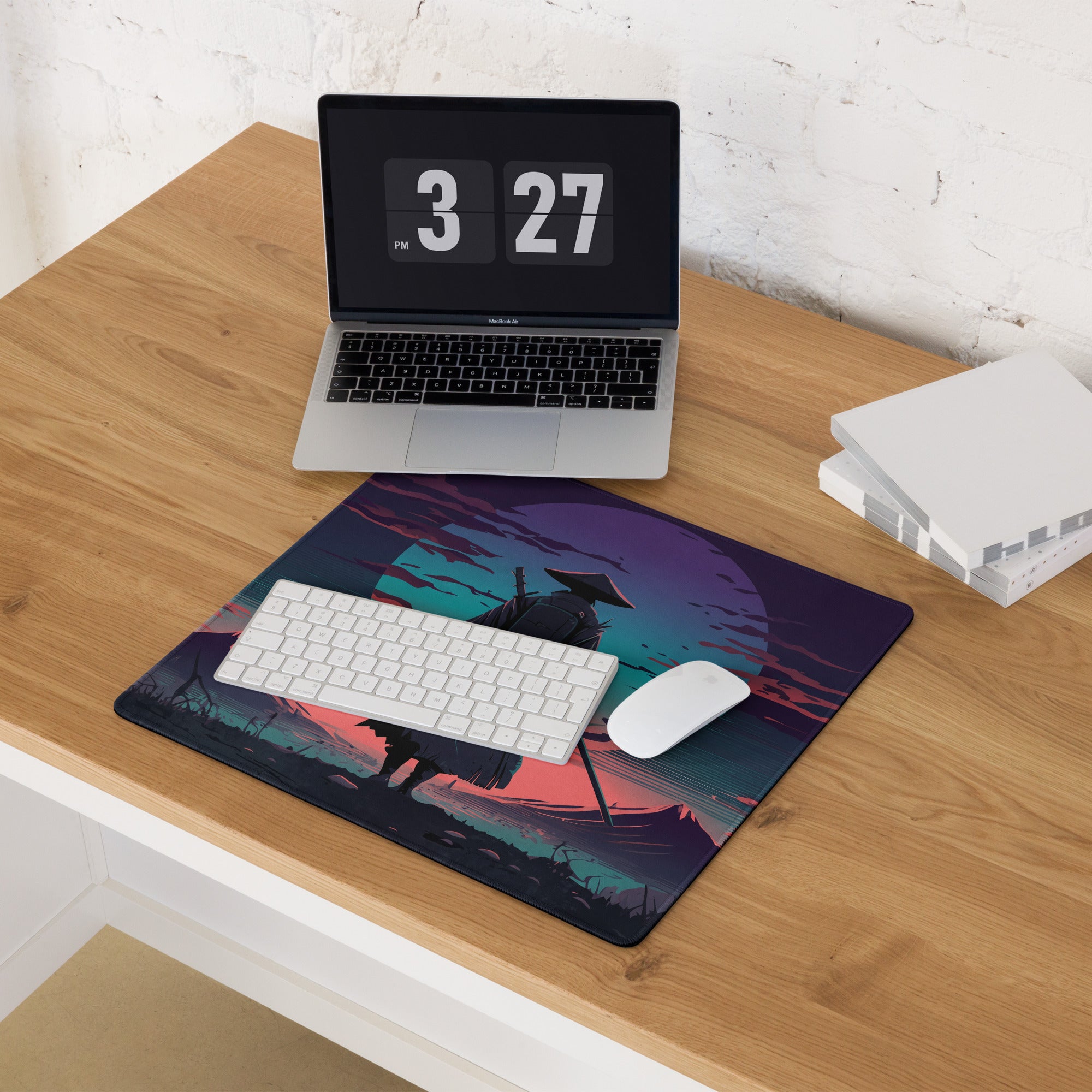 Neon samurai vaporwave rectangular gaming mousepad with vibrant samurai illustration under purple teal sunset