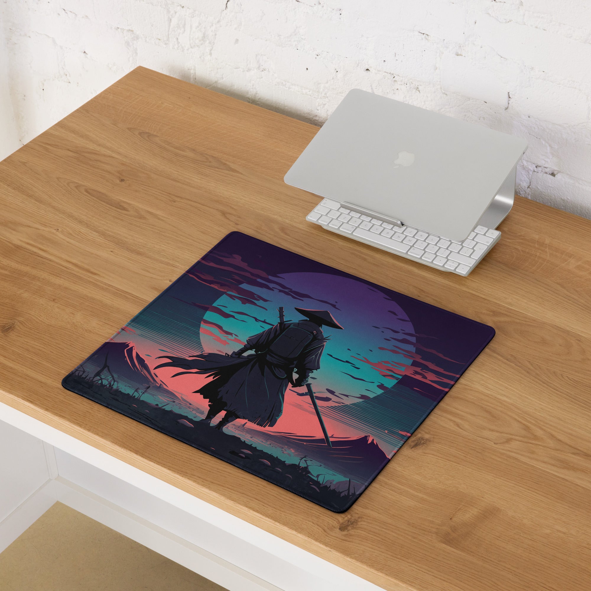 Rectangular dark purple samurai mouse pad with vibrant anime vaporwave illustration for gaming and desk use