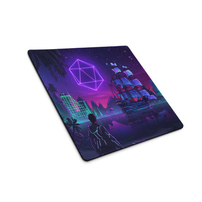 Vaporwave neon ship pad gaming mousepad with neon purple teal colors, glowing geometric design and cyberpunk cityscape
