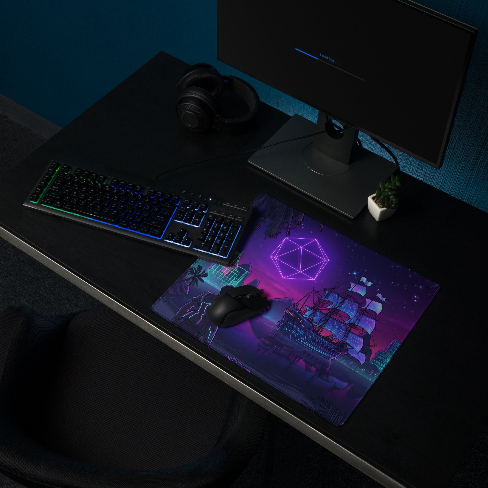 A vibrant purple vaporwave neon ship gaming mousepad with futuristic glowing geometric patterns and non slip surface