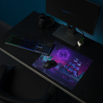 A vibrant purple vaporwave neon ship gaming mousepad with futuristic glowing geometric patterns and non slip surface