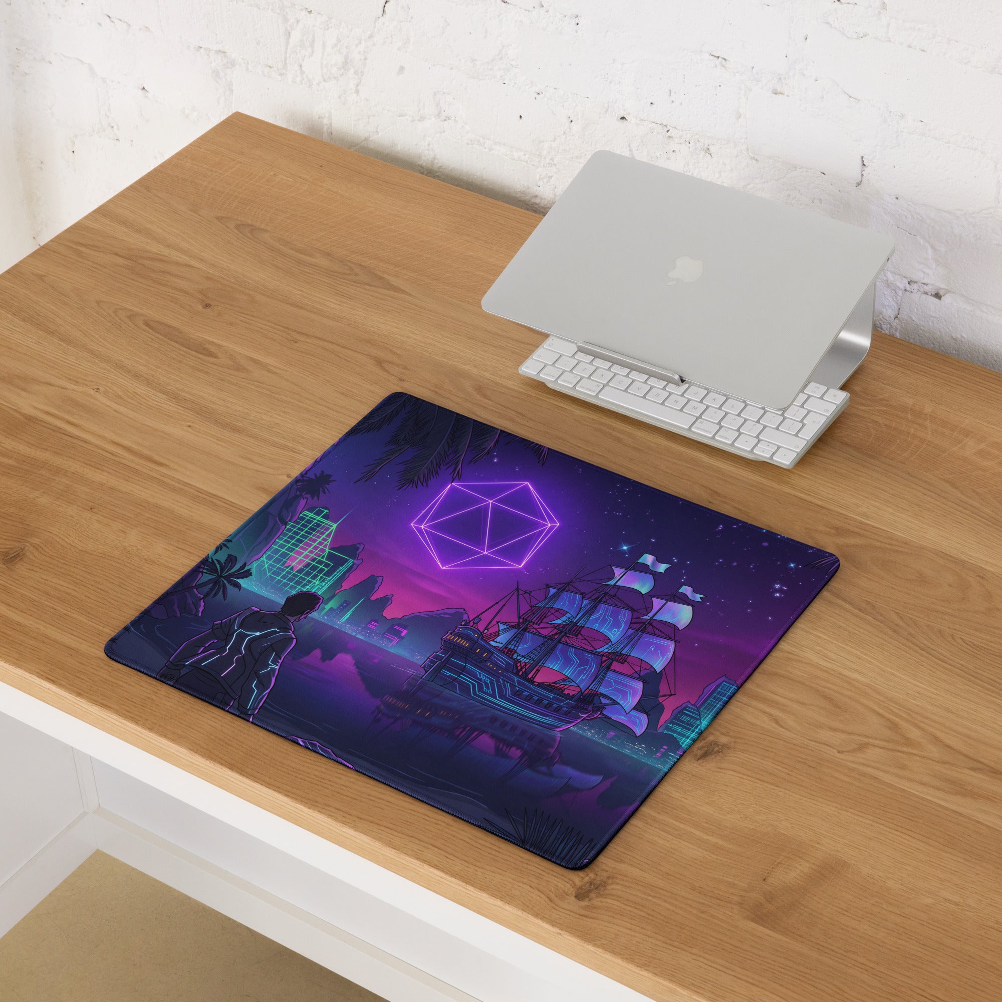 Vaporwave neon ship pad gaming mouse pad with neon purple teal colors glowing geometric ship and cityscape design