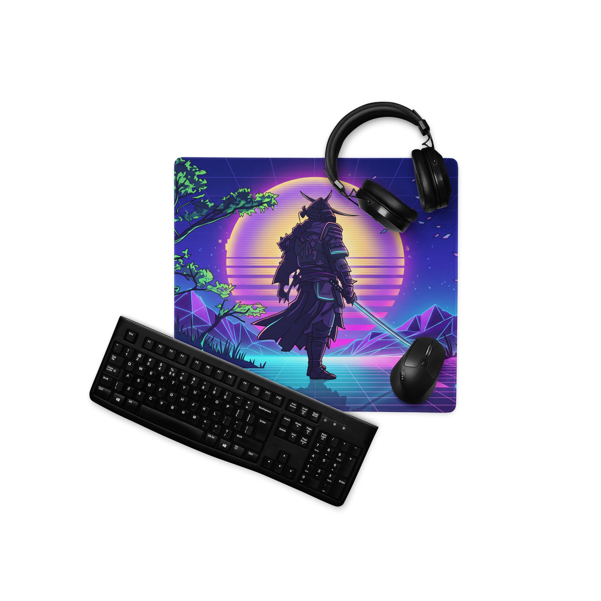 Vaporwave neon warrior mouse pad featuring a vibrant purple and blue retro-futuristic samurai silhouette design