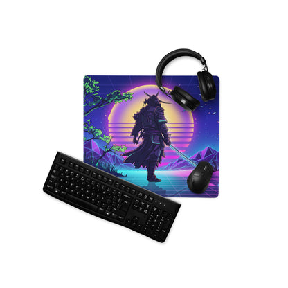 Vaporwave neon warrior mouse pad featuring a vibrant purple and blue retro-futuristic samurai silhouette design