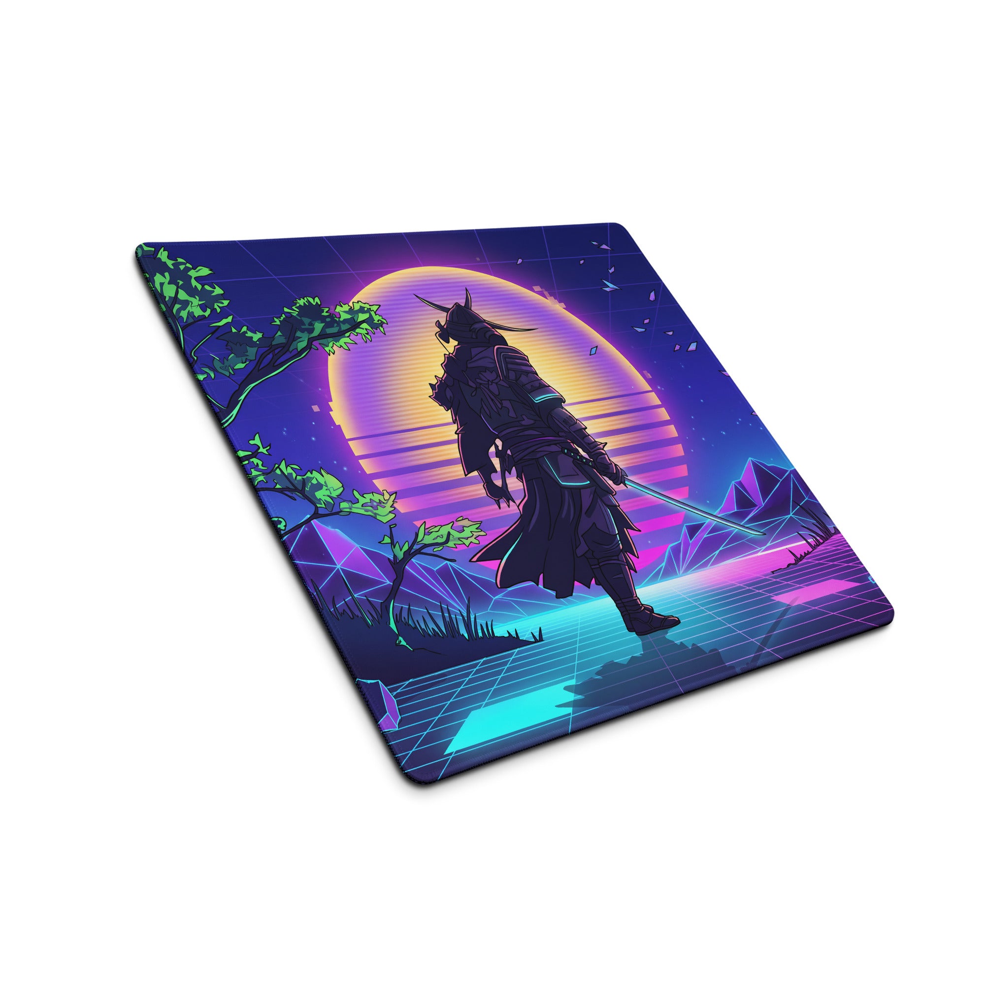 Vaporwave neon warrior mouse pad with retro-futuristic samurai design in neon pink blue for gaming and digital art use