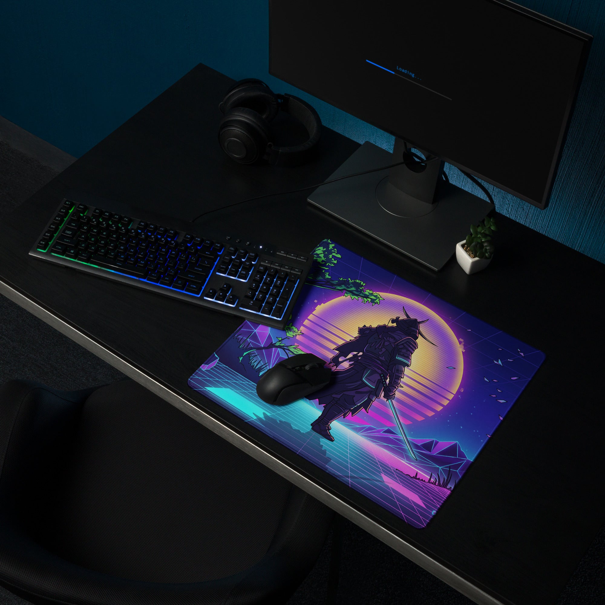 Vaporwave neon warrior mouse pad with vibrant purple and teal cyberpunk design featuring samurai silhouette at sunset