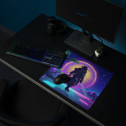Vaporwave neon warrior mouse pad with vibrant purple and teal cyberpunk design featuring samurai silhouette at sunset