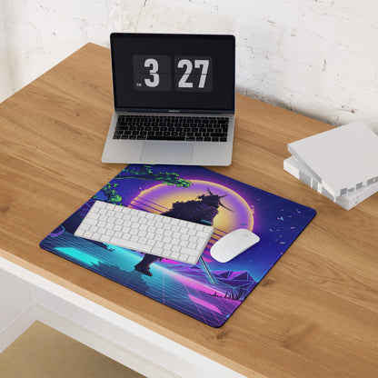 Vaporwave neon warrior mouse pad featuring a vibrant purple and teal retro-futuristic design with samurai silhouette and orange moon