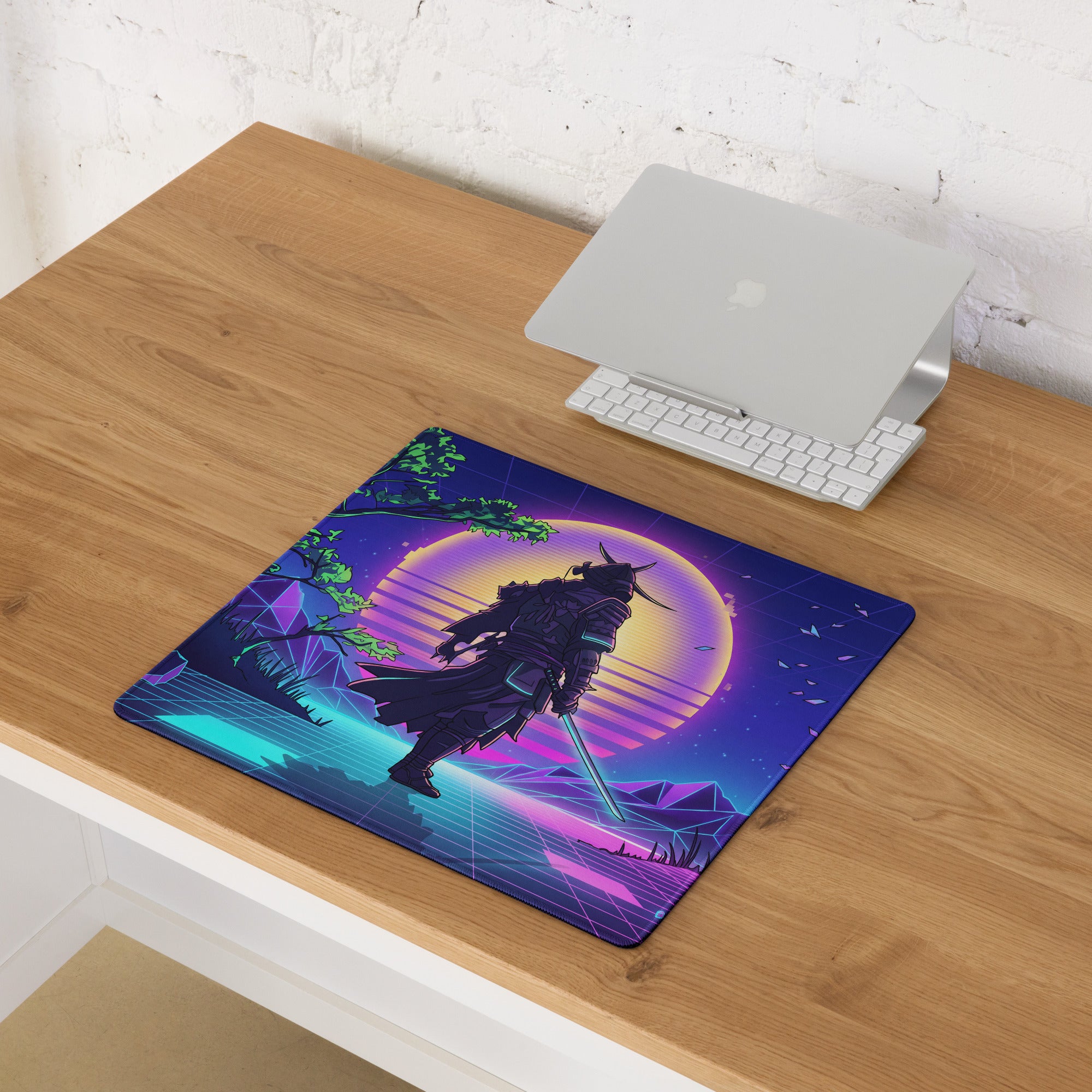 Navy blue and purple retro-futuristic samurai mousepad with glowing neon accents for gaming and digital art decor