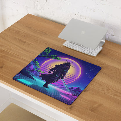 Navy blue and purple retro-futuristic samurai mousepad with glowing neon accents for gaming and digital art decor