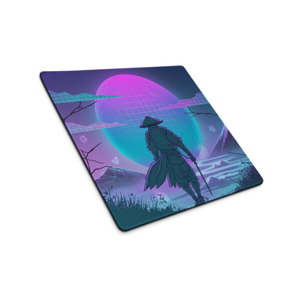 Neon vaporwave cityscape gaming mousepad with nebula theme and cyberpunk samurai silhouette in purple and teal colors