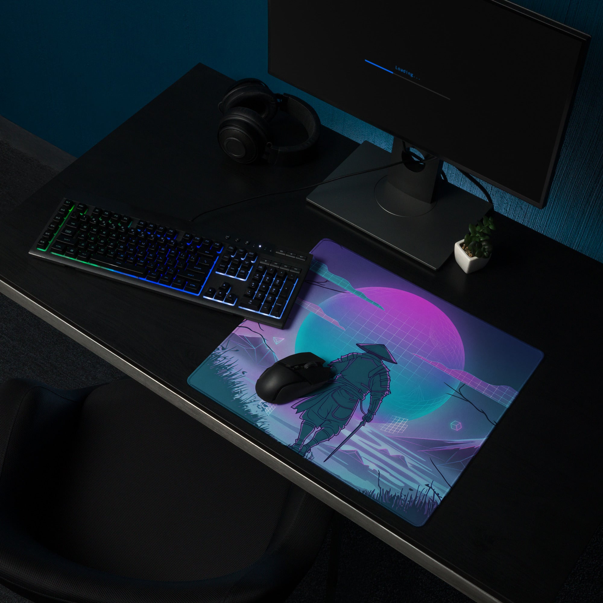 Neon vaporwave cityscape gaming mousepad with ninja samurai art on vibrant purple and teal gradient background