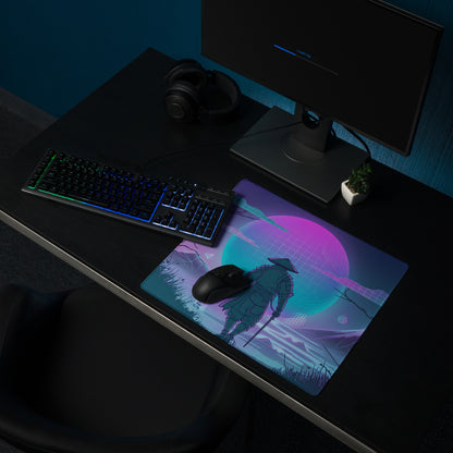 Neon vaporwave cityscape gaming mousepad with ninja samurai art on vibrant purple and teal gradient background