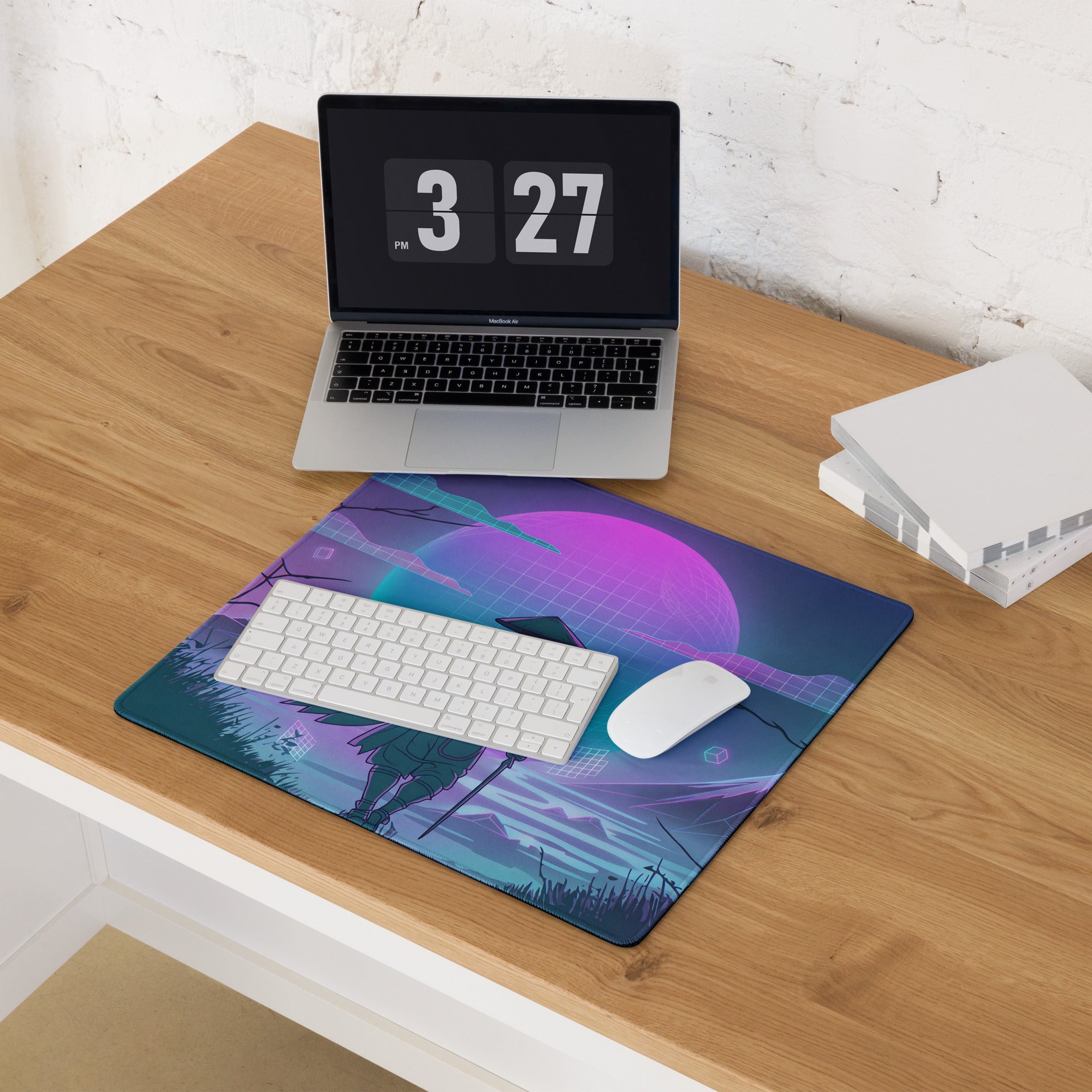 Neon vaporwave cityscape gaming mouse pad with retro-futuristic purple teal sky and glowing planet design