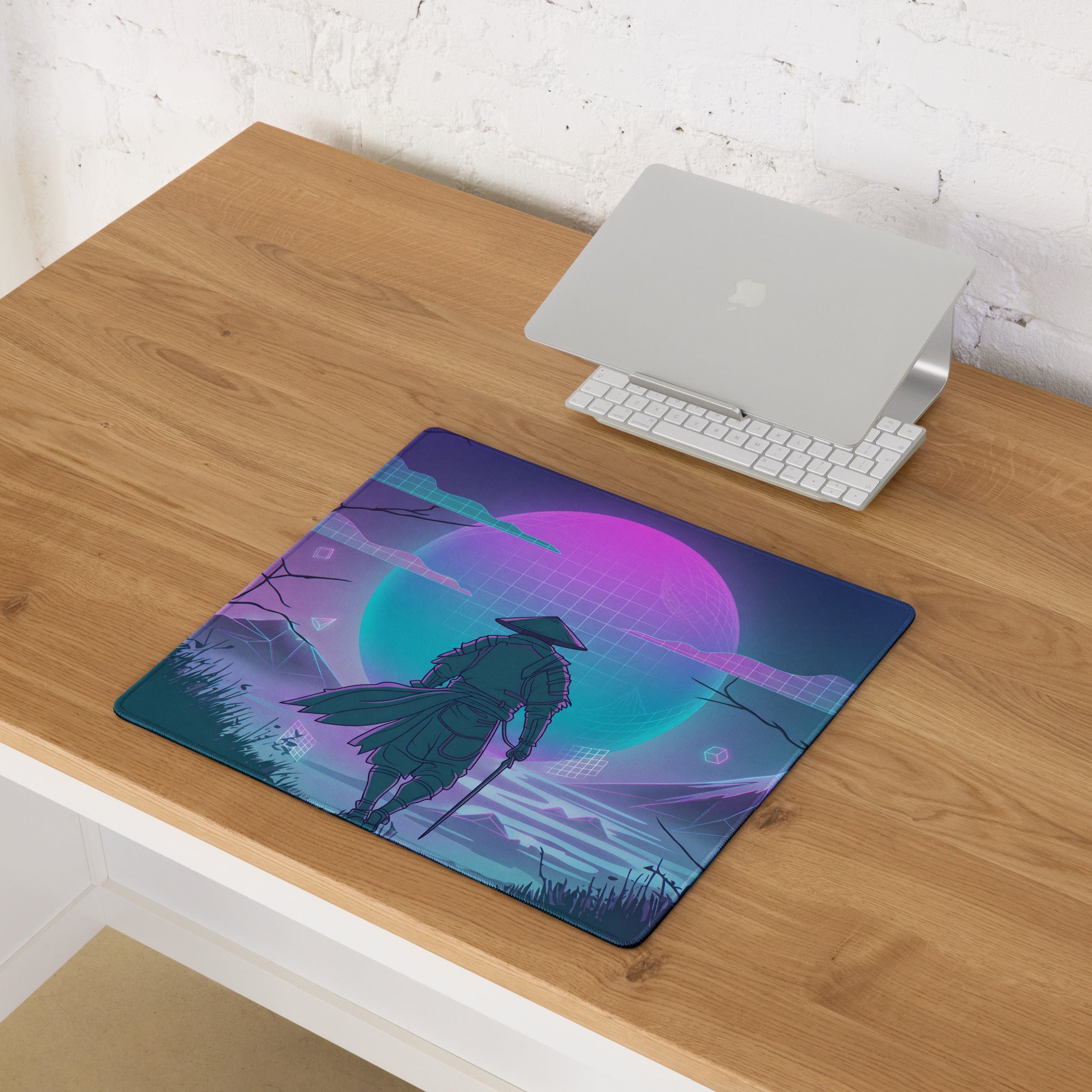 A rectangular gaming mousepad with a vibrant neon purple and blue cyberpunk samurai design on a wooden desk