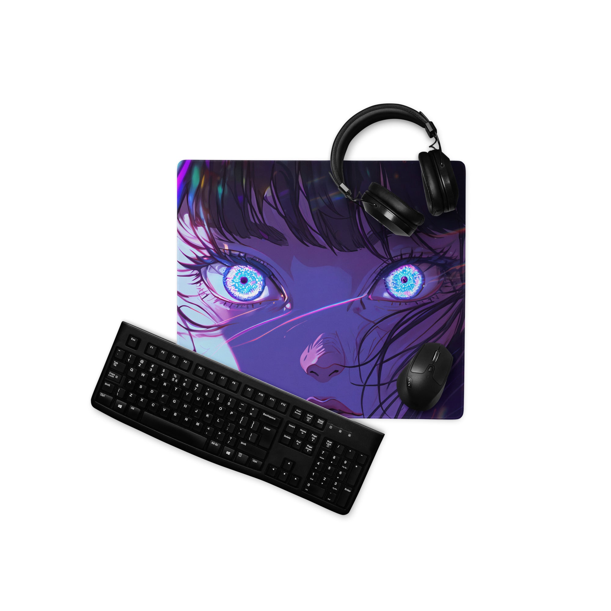 Purple vaporwave neon anime mouse pad with glowing blue eyes and dark hair featuring a black keyboard and headset