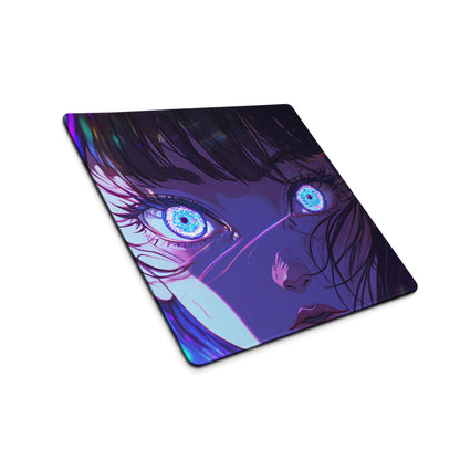 Vaporwave neon anime mouse pad featuring glowing purple and blue eyes with intricate digital art for gaming desks