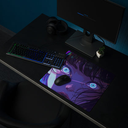 Purple anime-themed mousepad with glowing blue eyes and dark hair featuring a sleek surface for gaming use