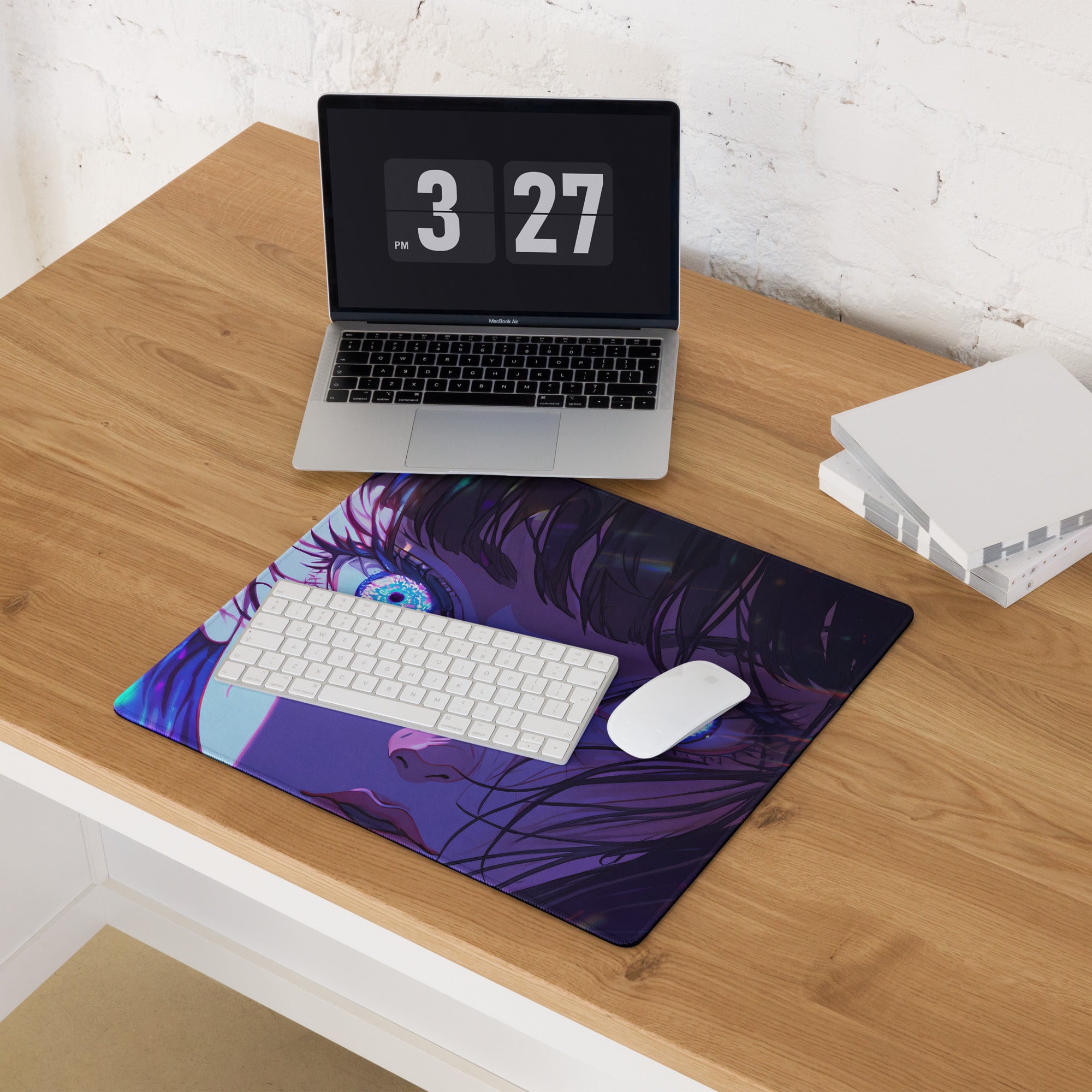 Purple vaporwave neon anime mouse pad with detailed blue eye illustration under white keyboard and mouse for gaming desk
