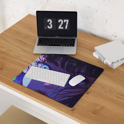 Purple vaporwave neon anime mouse pad with detailed blue eye illustration under white keyboard and mouse for gaming desk