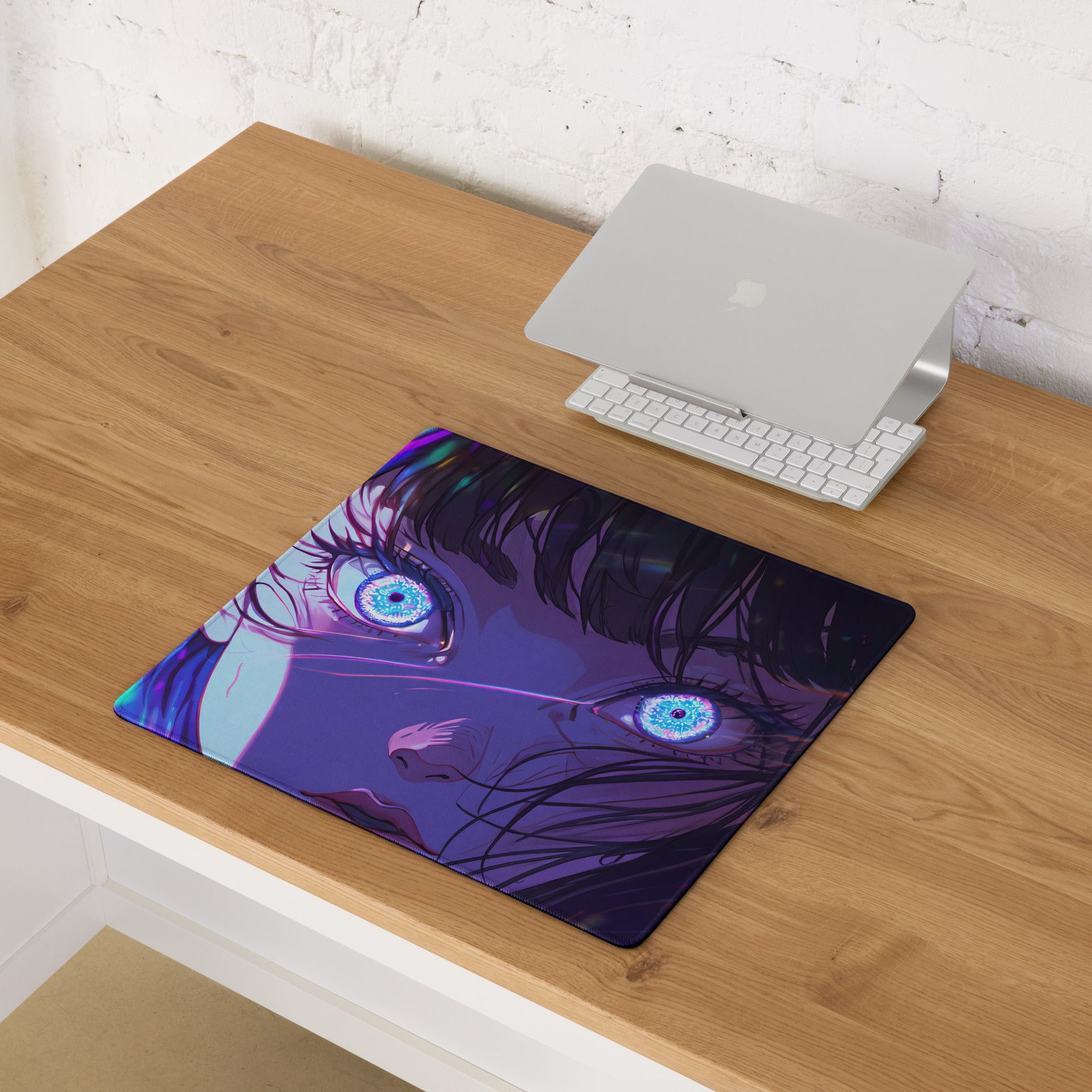 Purple and blue vaporwave neon anime mouse pad with glowing eyes on wooden gaming desk for synthwave digital art use