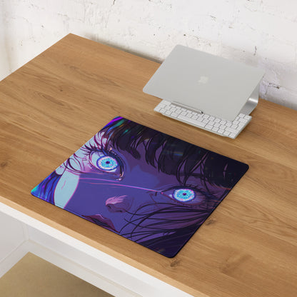 Purple and blue vaporwave neon anime mouse pad with glowing eyes on wooden gaming desk for synthwave digital art use