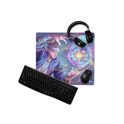 Vibrant purple and blue vaporwave neon mage gaming mouse pad with glowing energy orb digital artwork non slip large surface