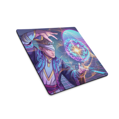 Vaporwave neon mage gaming mouse pad with vibrant pink and blue digital artwork of a mage with glowing energy spheres