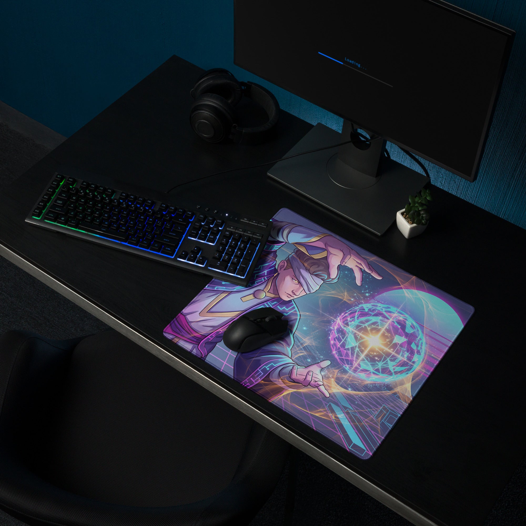 Vibrant vaporwave neon mage gaming mouse pad in purple and blue with anime character and glowing energy sphere design
