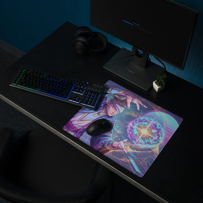 Vibrant vaporwave neon mage gaming mouse pad in purple and blue with anime character and glowing energy sphere design