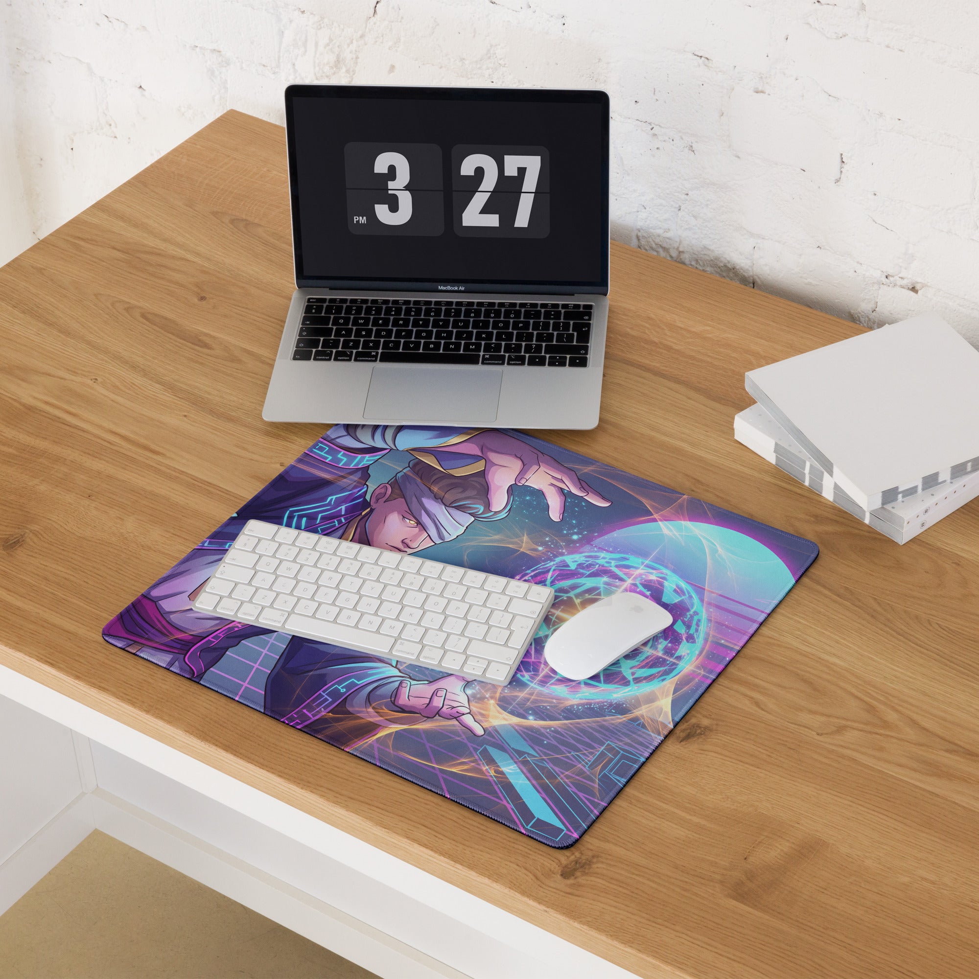 Vaporwave neon mage gaming mouse pad featuring vibrant purple and blue cyberpunk design with glowing neon lines and cosmic elements