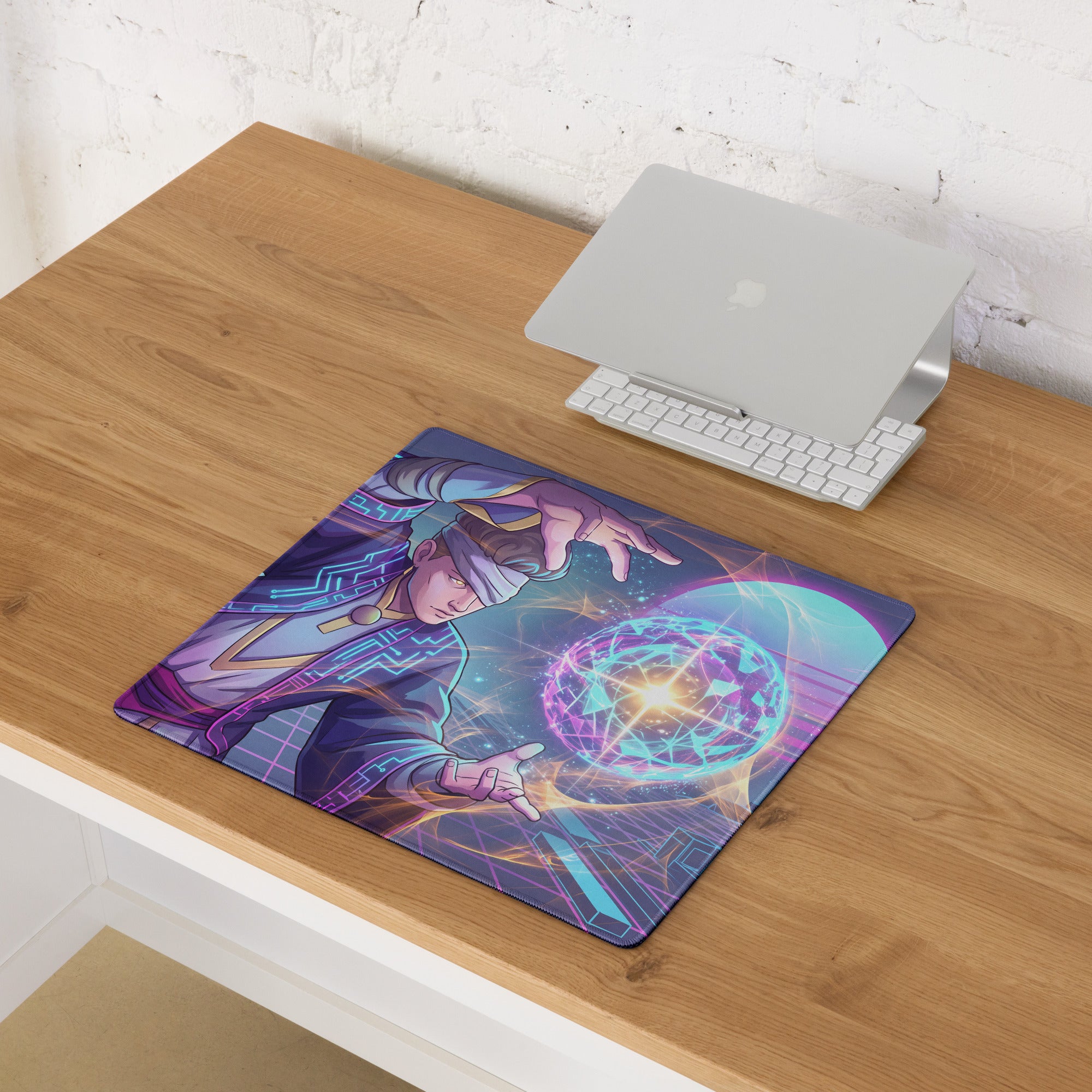 Vibrant neon purple and blue vaporwave mage gaming mouse pad with a futuristic character and non-slip surface