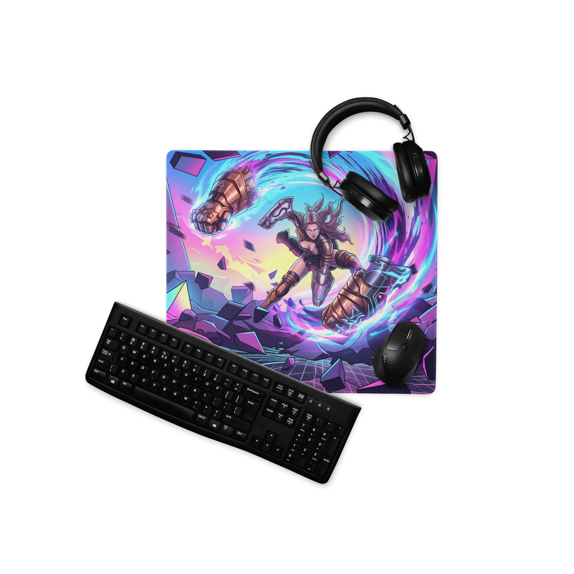 Vaporwave neon warrior mouse pad with vibrant purple and blue cosmic design featuring dynamic anime warrior illustration