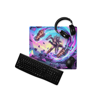 Vaporwave neon warrior mouse pad with vibrant purple and blue cosmic design featuring dynamic anime warrior illustration