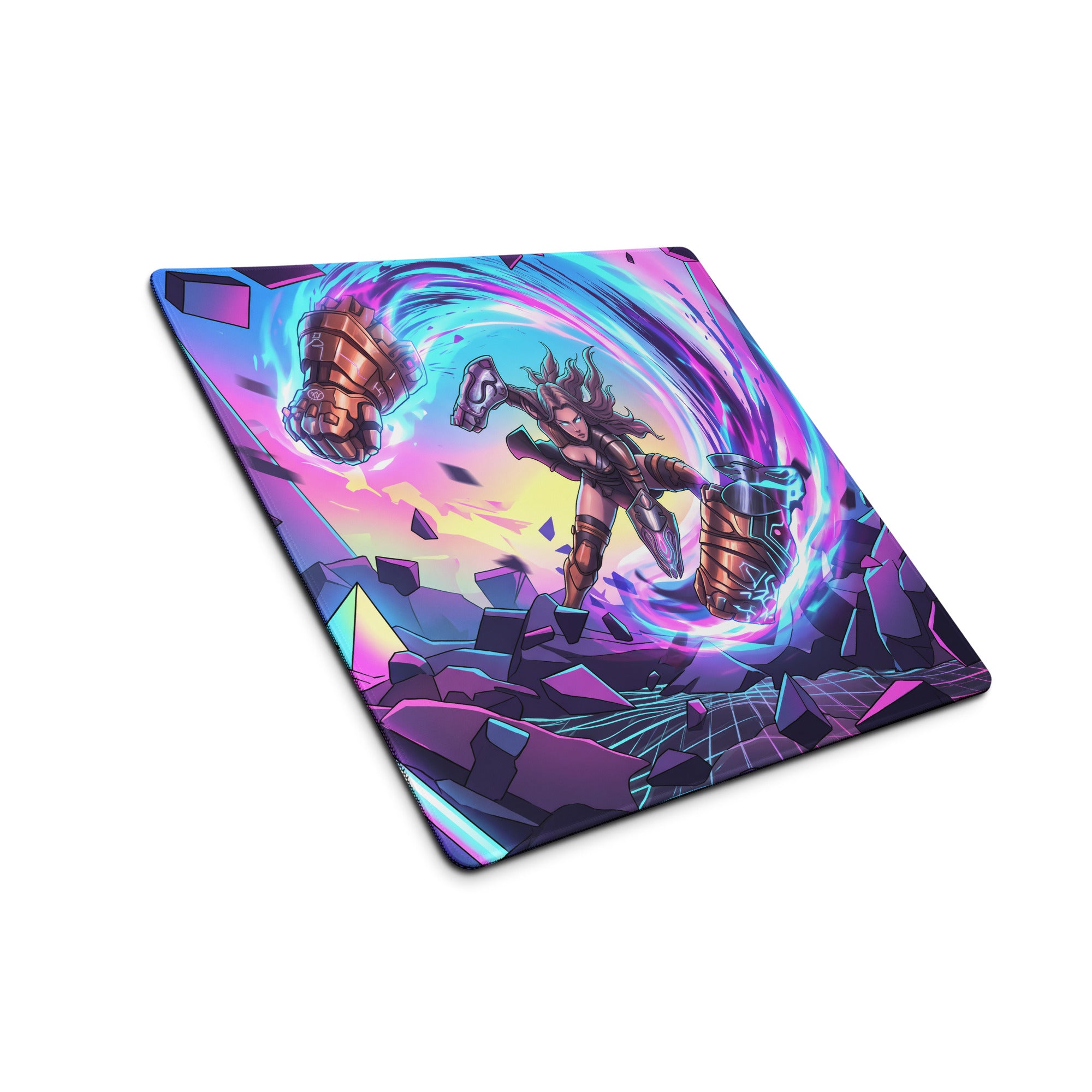 Vibrant purple and blue vaporwave neon warrior gaming mouse pad with dynamic anime-inspired character and glowing effects