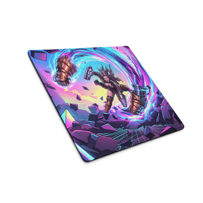 Vibrant purple and blue vaporwave neon warrior gaming mouse pad with dynamic anime-inspired character and glowing effects