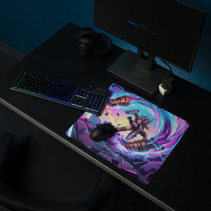 Vibrant purple and blue cosmic-themed vaporwave neon warrior gaming mousepad with dynamic anime-inspired character illustration