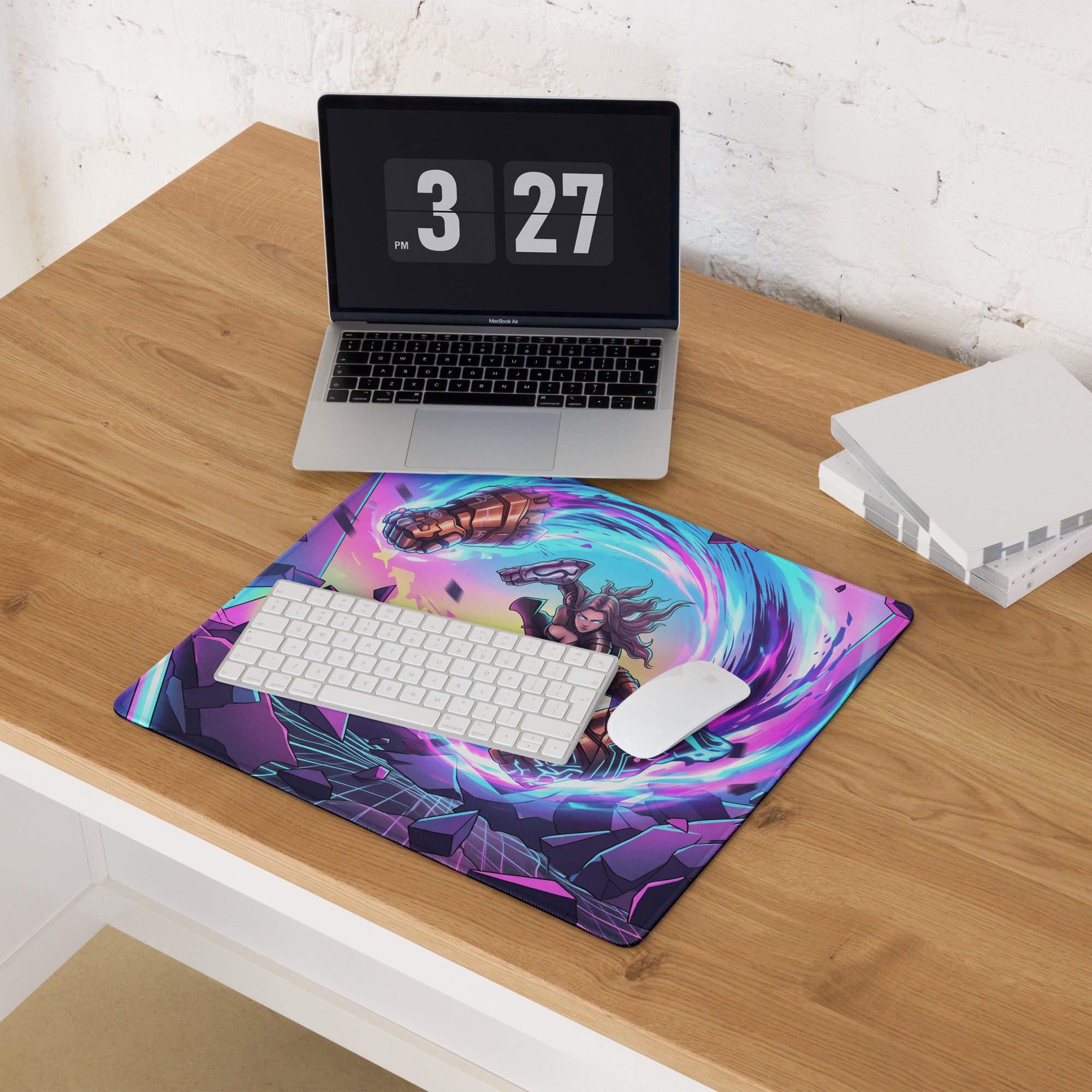Vibrant vaporwave neon warrior gaming mousepad featuring dynamic anime design with swirling purple and blue hues