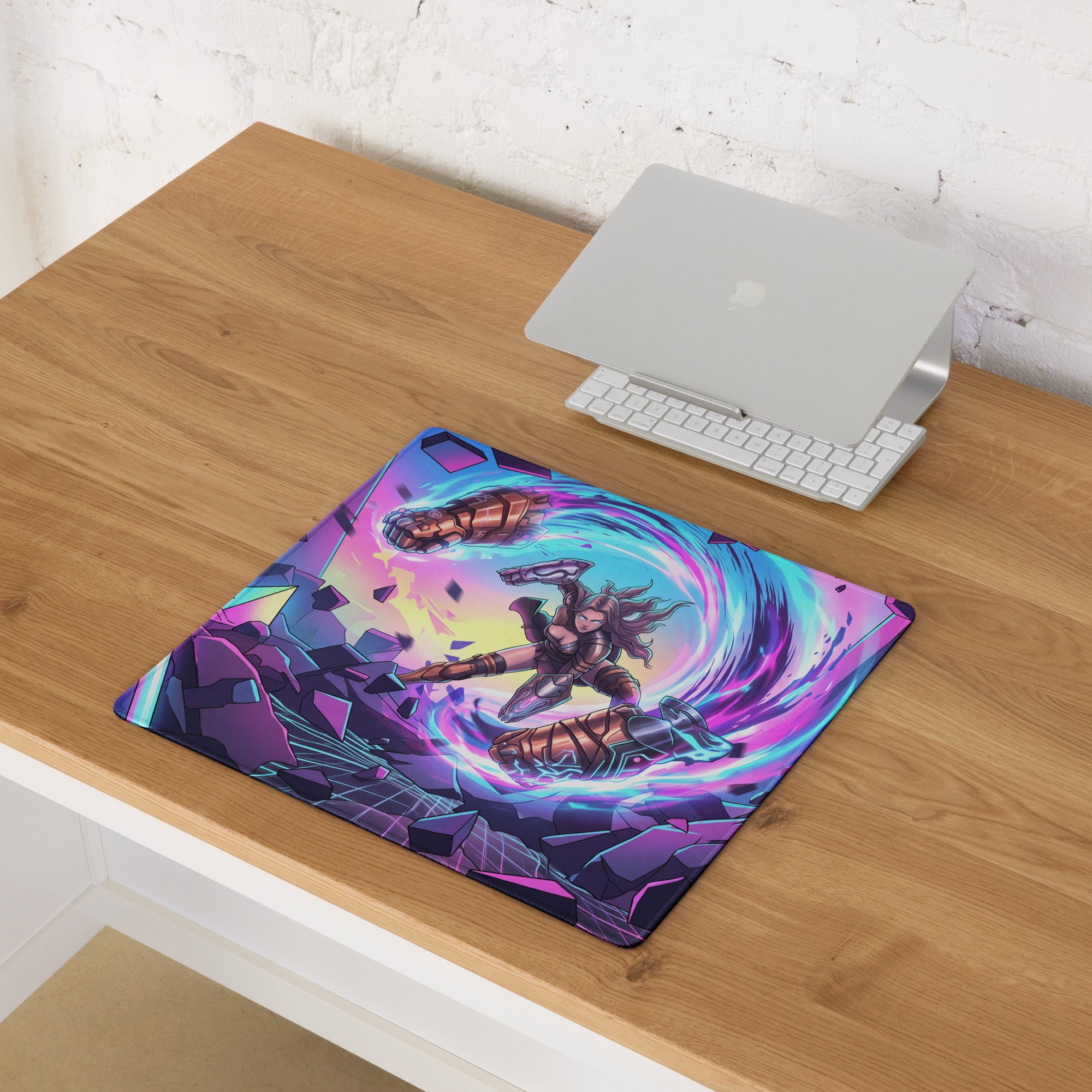 Vaporwave neon warrior mouse pad with vibrant purple and blue neon anime warrior design for gaming use