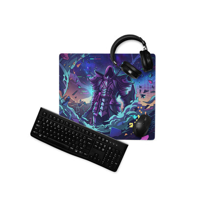 Neon vaporwave gaming mouse pad with vibrant purple blue colors and stylized armored character digital art