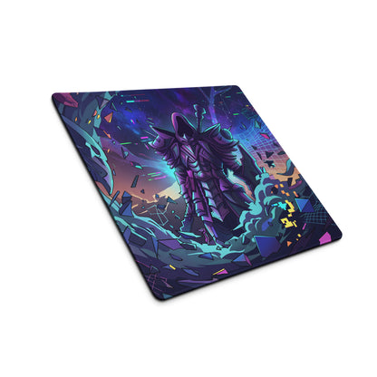 Neon vaporwave gaming mouse pad in purple and teal featuring a stylized armored warrior with digital fragments