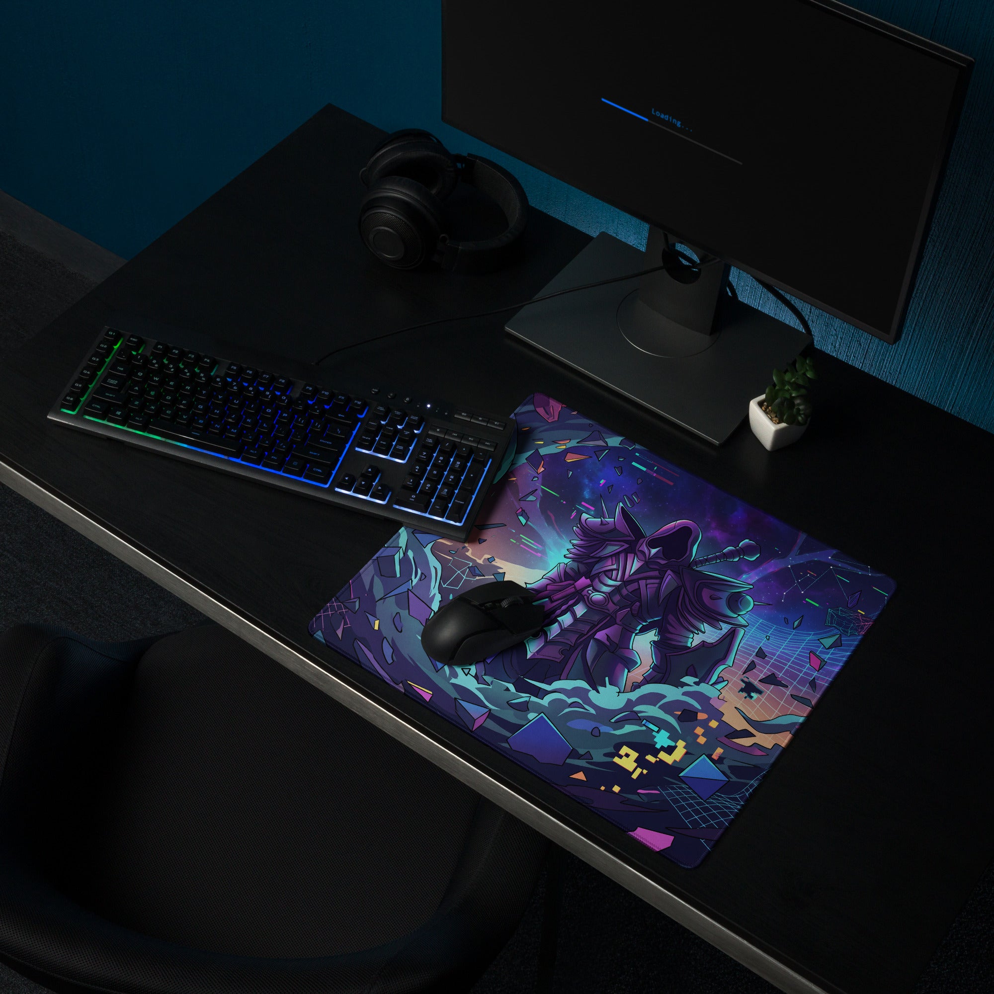 Neon vaporwave gaming mouse pad with vibrant purple and blue anime-style character design for desktop use